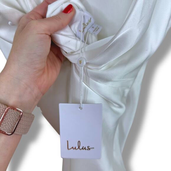 Lulus Lux Bridal NWT Unforgettable Adoration White Satin Asymmetrical Gown Dress - Picture 10 of 14